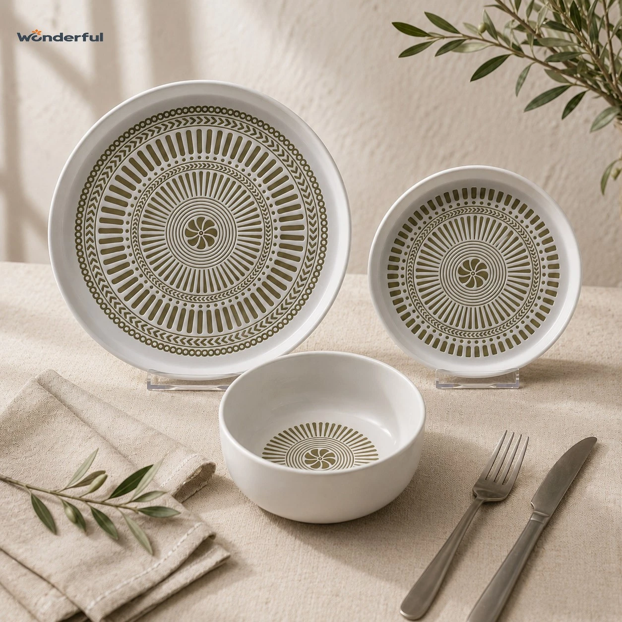 Matte White Embossed Mandala Stoneware Dinnerware Set