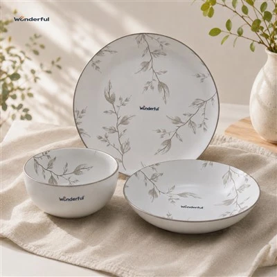 Watercolor Gray Leaf Ceramic Dinnerware Set